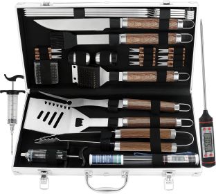 Grilljoy 24PCS BBQ Grill Tools Set With Meat Thermometer And Injector - Extra Thick Stainless Steel Fork, Spatula& Tongs - Complete BBQ Accessori (Option: Yellow-Stainless Steel)